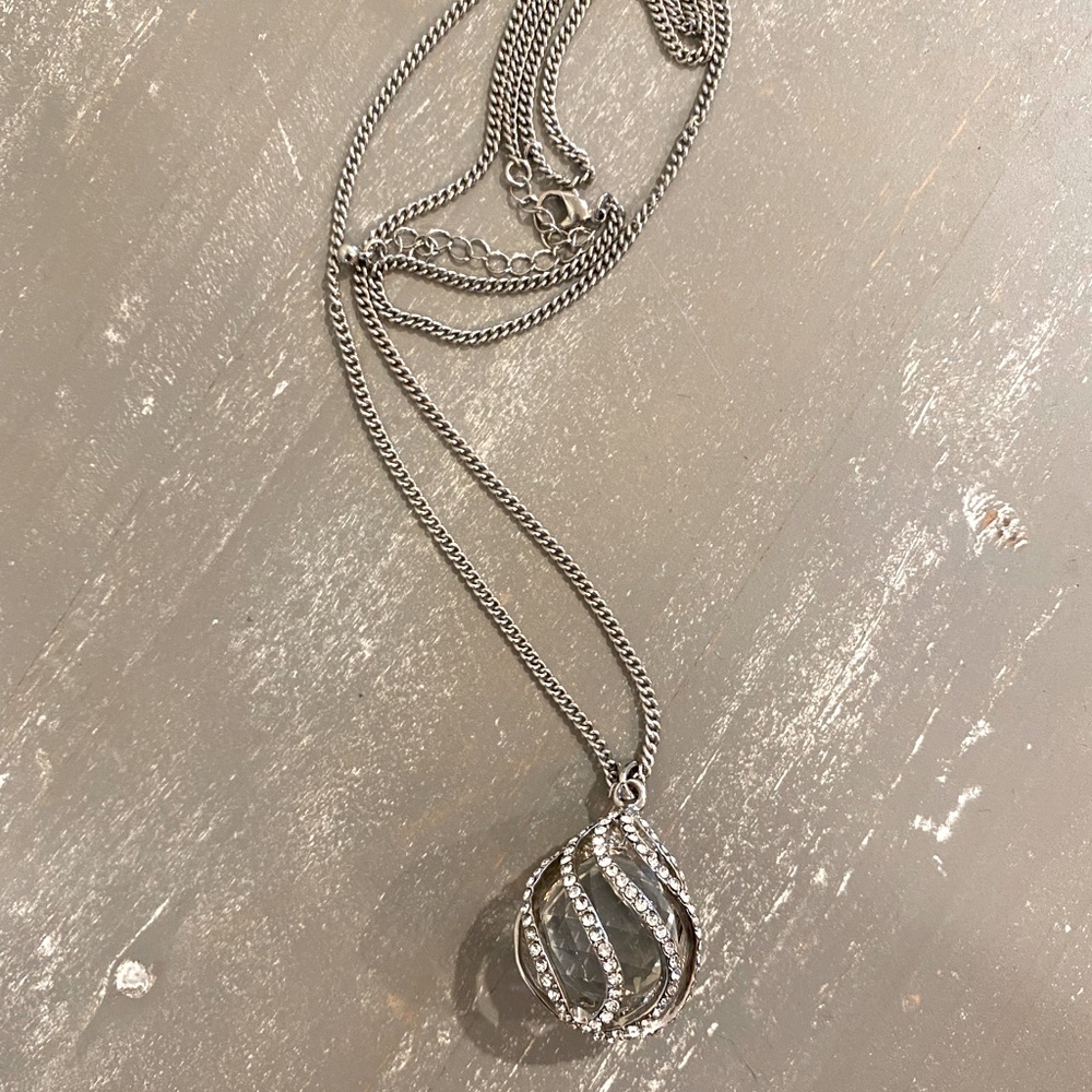 Long Silver Plated Ball with Crystal Rhinestones Necklace NEW